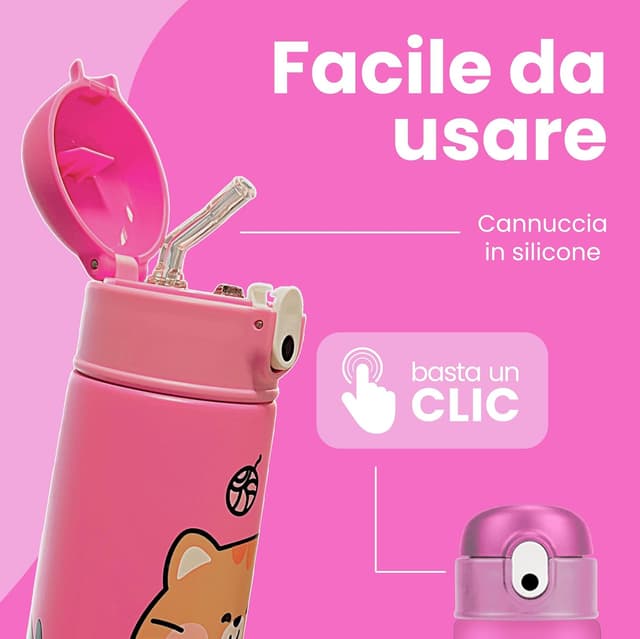 Detalle de Cartomania borraccia termica chill & refill 460 ml con cannuccia anti-rovescio, tema gattino rosa