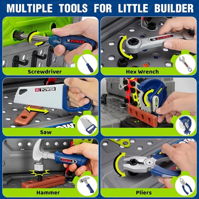 Detalle de Kids Tool Bench Set with Electric Drill and Realistic Tools (132pcs) — 2-in-1 Workbench & Toolbox for Ages 3–5