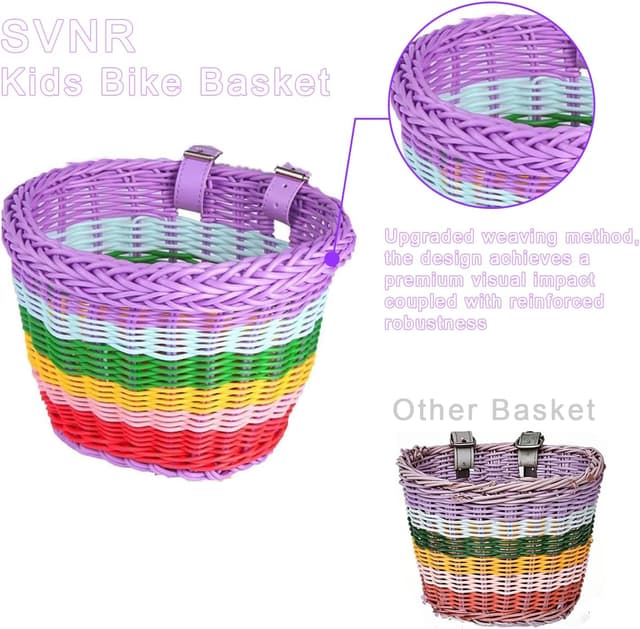 Detalle 2 de SVNR kids bike basket set with handwoven basket, bell, streamers and leather straps