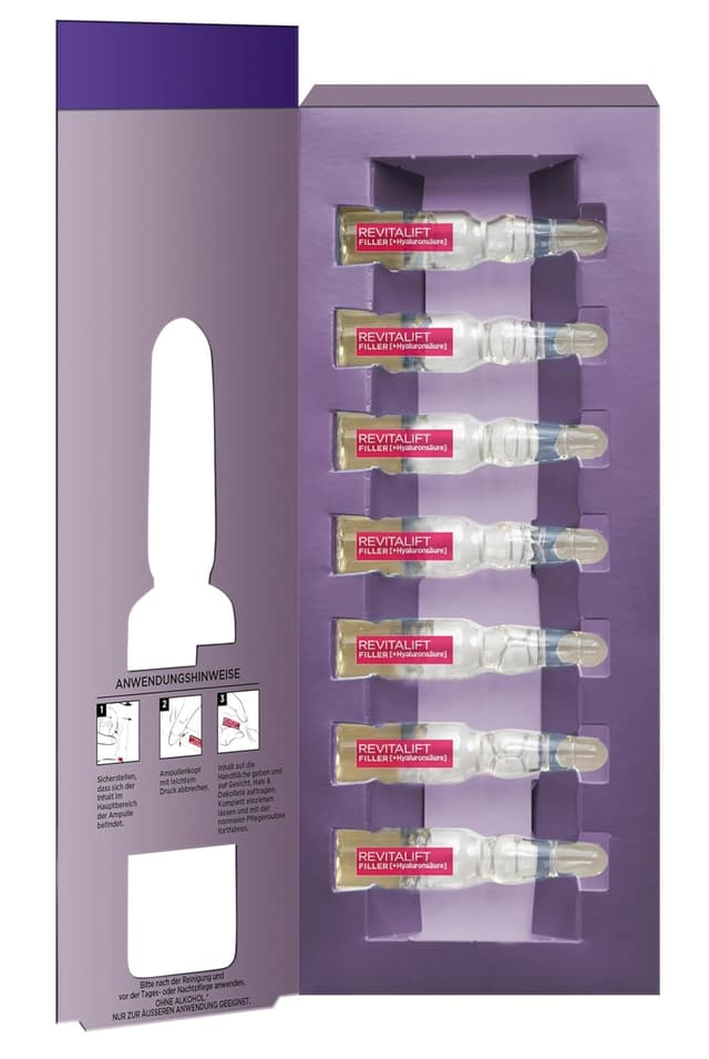 Detalle de L'Oréal Paris Revitalift Filler Hyaluron-Shots für Frauen – 7-Tage-Kur mit reiner Hyaluronsäure & Vitamin B5 (7 Einzeldosis-Ampullen)