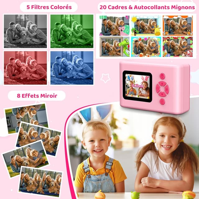 Detalle de CHAKEYAKE Appareil photo instantané enfant 20MP, écran 2,4 pouces et impression couleur (rose)