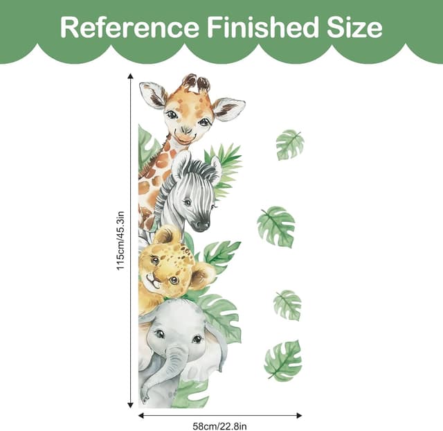 Detalle 1 de Tanlaby Jungle Animal Wall Stickers – Cartoon Giraffe, Zebra & Elephant Peel-and-Stick Wall Decals for Kids