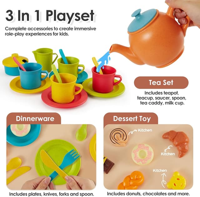 Detalle de Buyger Play Kitchen Accessories Tea Party Set with Dishes, Plates, and Utensils (Ages 3+)