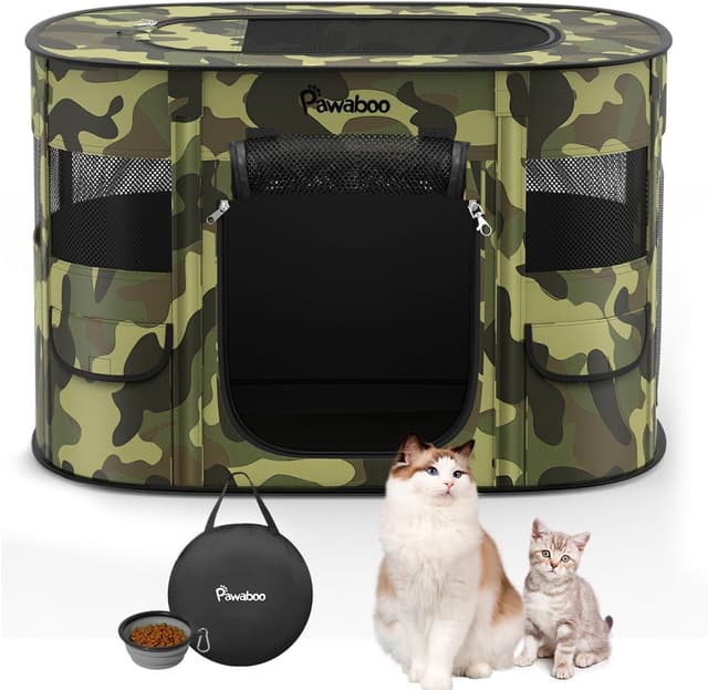 Detalle de Portable Dog Playpen with 600D Oxford Tent Fabric, Waterproof Breathable Gates and Carry Case (Medium/Large), Black Camouflage