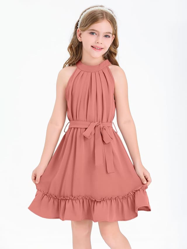 Detalle de Newffr Girl's Halter Neck Tie Waist A-Line Sundress (Mini Swing Pleated Dress) for Ages 4–12