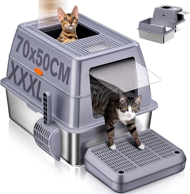 Detalle de XXXL Katzenklo aus Edelstahl mit Deckel (70 x 50 x 45 cm) – 2-in-1 geschlossen oder offen, auslaufsicher