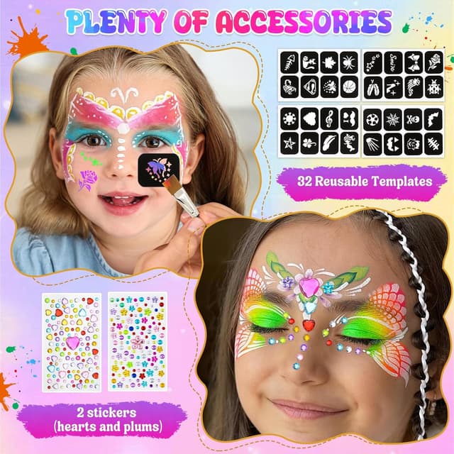 Detalle de Gigmeta Kinderschminke Set – 44 Gesichtsfarben mit Pinsel, Schablonen und Diamant-Stickern
