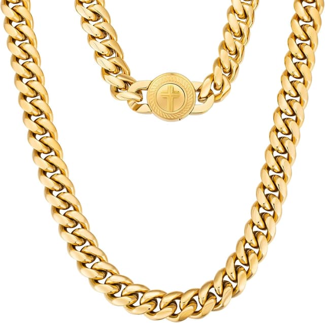 Detalle de KRKC&CO 12mm Herren Panzerkette mit Löwe Kopf/Totenkopf-Verschluss – 18K Gold plattiert Cuban Link, Edelstahl (Miami Kubanische Kette)