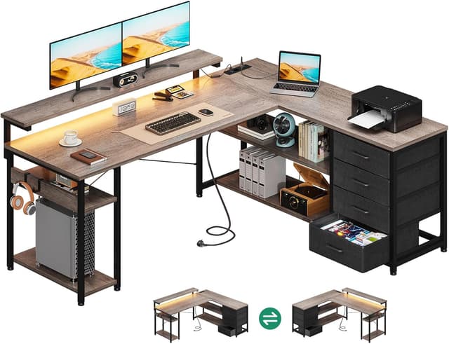 Detalle de ODK Scrivania ad angolo reversibile con 2 prese, 2 porte USB e LED (Quercia Grigia) 155x110 cm