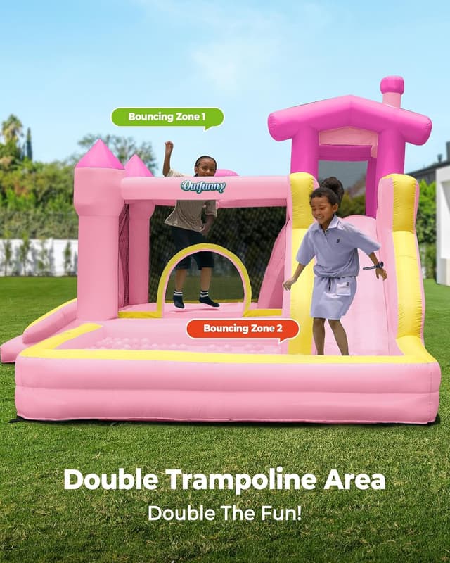 Detalle de Outfunny Inflatable Bouncy Castle with Slide, Bounce House for Children 3–12 (450W Blower) – Pink