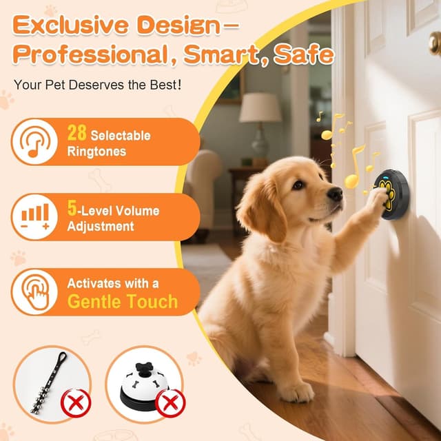 Detalle 2 de ChunHee Dog Bell for Puppy Toilet Training (0–115dB, Adjustable Volume) with 28 Ringtones, Black/Yellow – 1 Pack