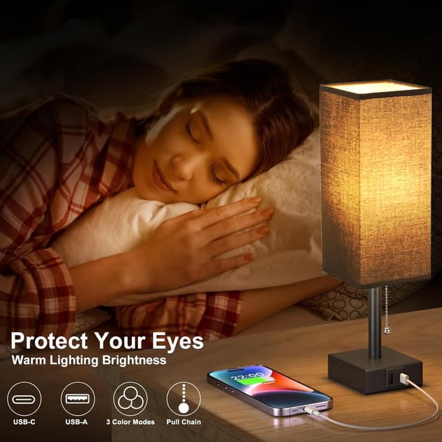 Detalle de Aooshine bedside & table lamp with USB C + USB charging ports, 3 colour modes and pull chain (black fabric shade)