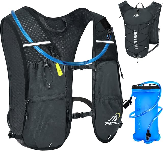 Detalle de ONETOALL Laufweste Damen mit 500-ml-Trinkflasche & 2-L-Trinkblase (150 g) – reflektierend für Laufen, Trail, Bike