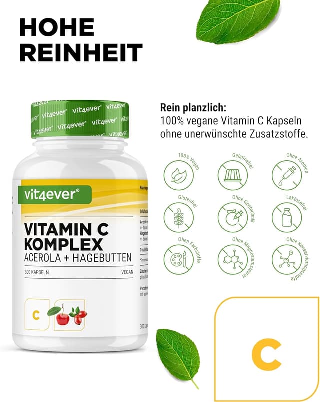 Detalle de vit4ever Natürlicher Vitamin C Komplex mit Acerola- & Hagebutten-Extrakt – 300 Kapseln (5 Monatsvorrat)