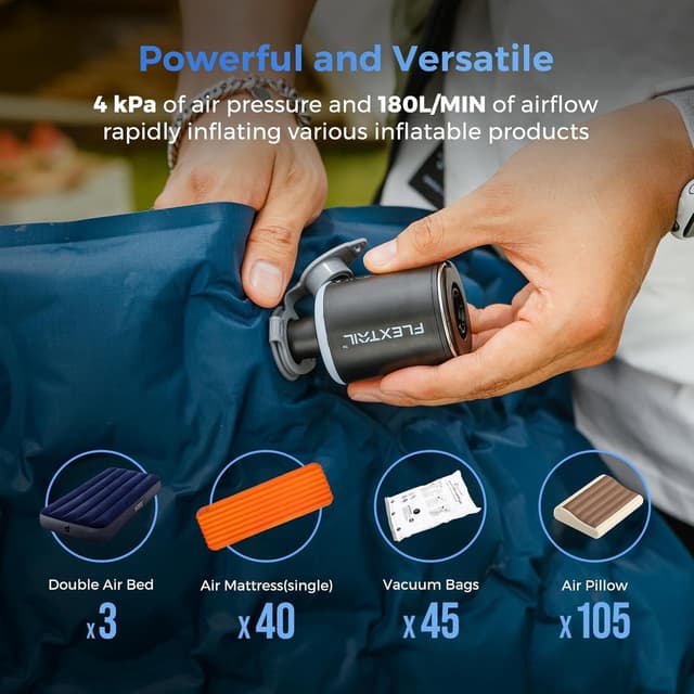 Detalle de FLEXTAILGEAR Portable Air Pump (Electric Vacuum Bag Pump) – 4kPa, 180L/min, with LED torch and 5 nozzles