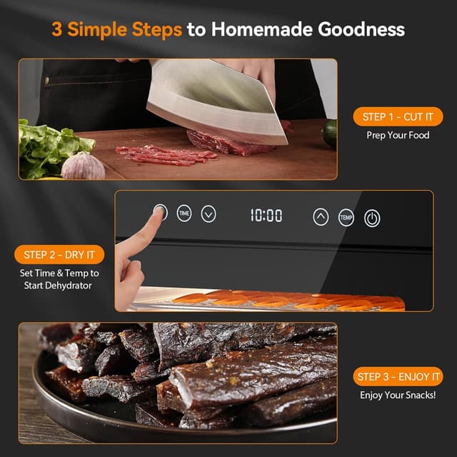 Detalle de Food Dehydrator Machine with 8 Stainless Steel Trays, 650W Motor, Adjustable Temperature & 48-Hour Timer (Jerky, Fruits, Herbs, Dog Treats)