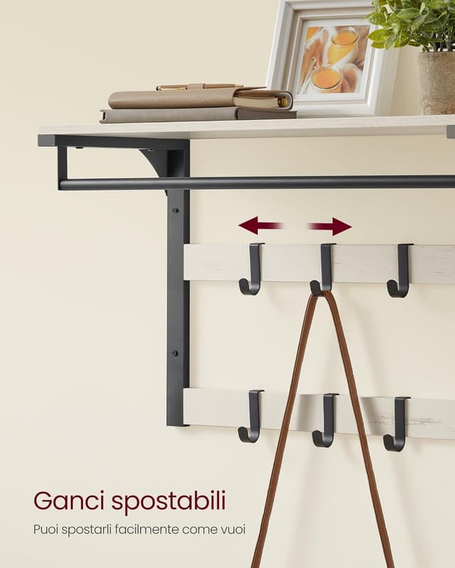 Detalle de VASAGLE Appendiabiti da parete con mensola e 10 ganci rimovibili LCR101W03 (bianco vintage e nero)