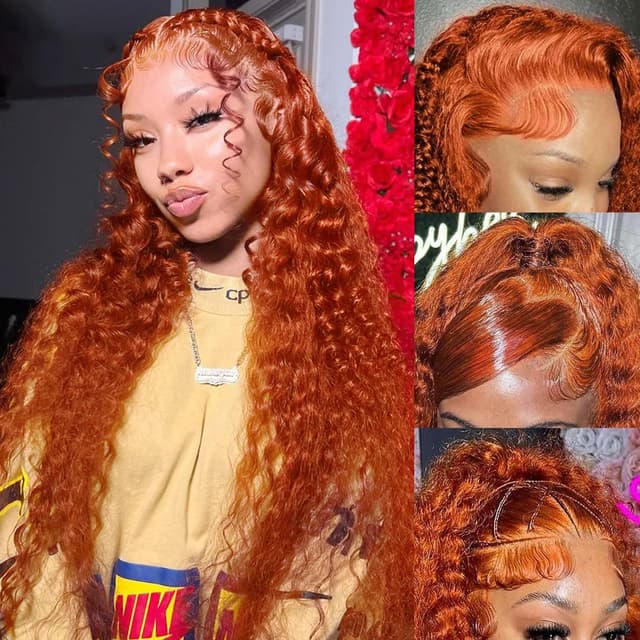 Detalle de 30 Inch Ginger Lace Front Wig (13x4 HD Deep Wave) with Human Hair, 180% Density — Burnt Orange Wet Wavy Curly Wig