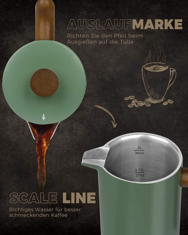 Detalle de Poliviar French Press Kaffeebereiter Flatland (Grün) JX2020-FPN-DE – 1 Liter für bis zu 8 Tassen