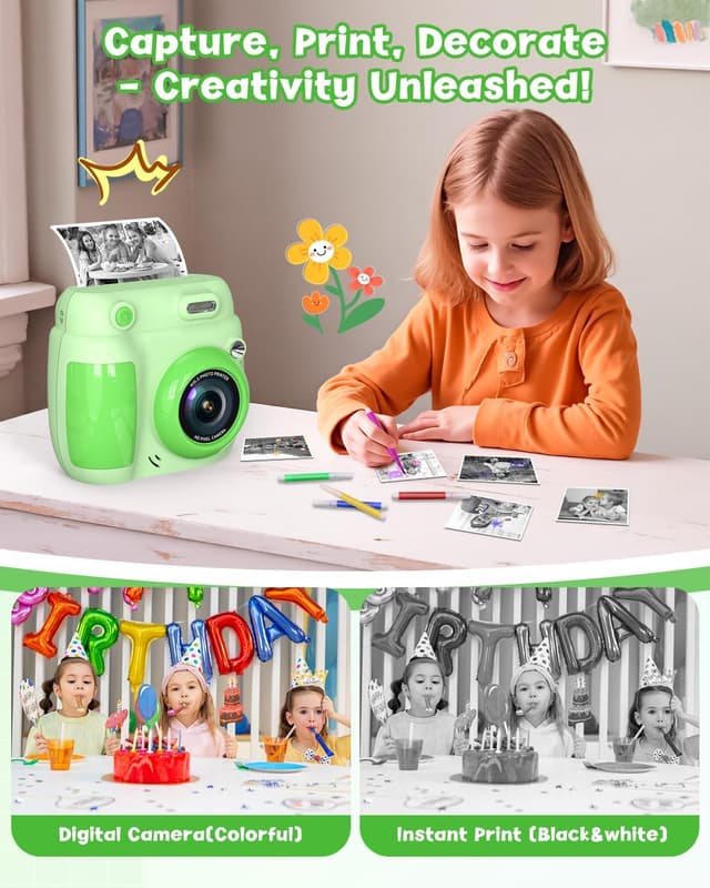 Detalle de Gofunly Kids Camera Instant Print (1080P, 2.4-inch) with 32GB card and 3 rolls of print paper – green