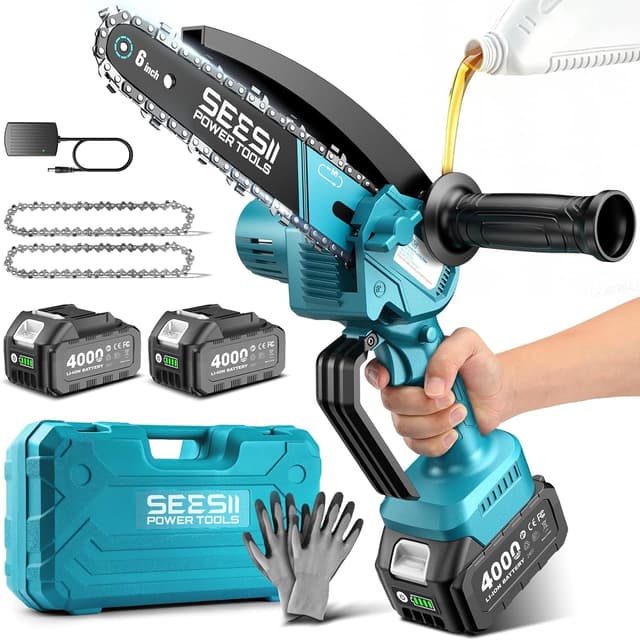 Detalle de SEESII Mini Chainsaw 6-inch, 2×4000mAh batteries ⛏
