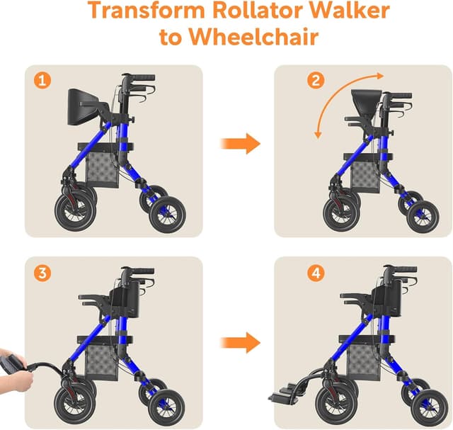 Thumbnail 6 de VOCIC Déambulateur fauteuil roulant 2 en 1 en aluminium réglable (bleu) – 5 ans de garantie