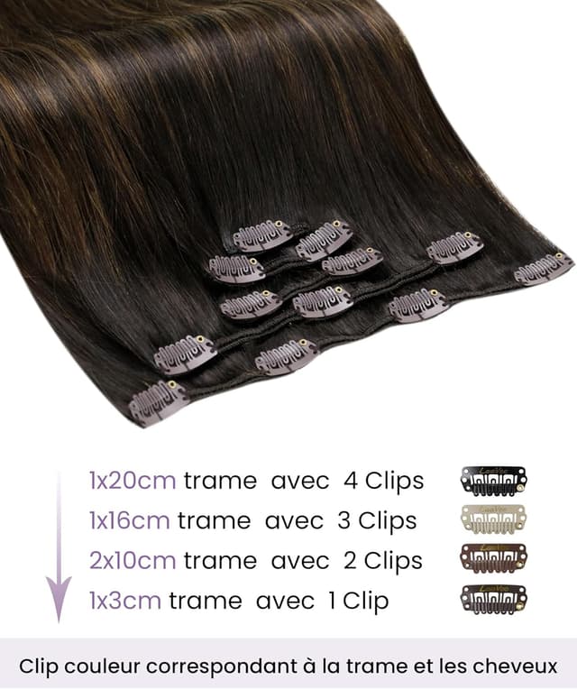 Detalle de LaaVoo Extension de cheveux naturels à clip pour balayage brun foncé à clair (5 pièces) – 30 cm, 80 g