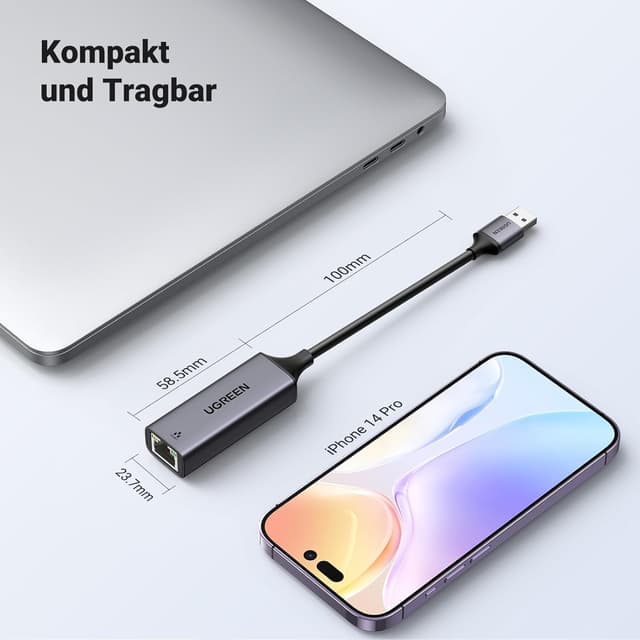 Detalle 2 de UGREEN LAN Adapter 1000 Mbps USB-zu-RJ45 (USB 3.0, Aluminium, Schwarz) – für Switch, Mi Box, Laptop und mehr