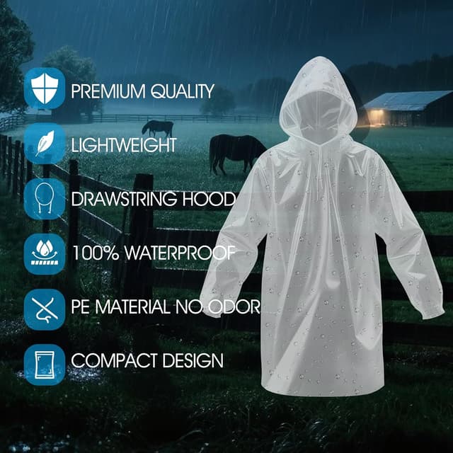 Detalle 2 de Chyaya 3/5/6 Pack Disposable Rain Ponchos (Waterproof, Hood & Elastic Cuffs) – Transparent Adult Ponchos