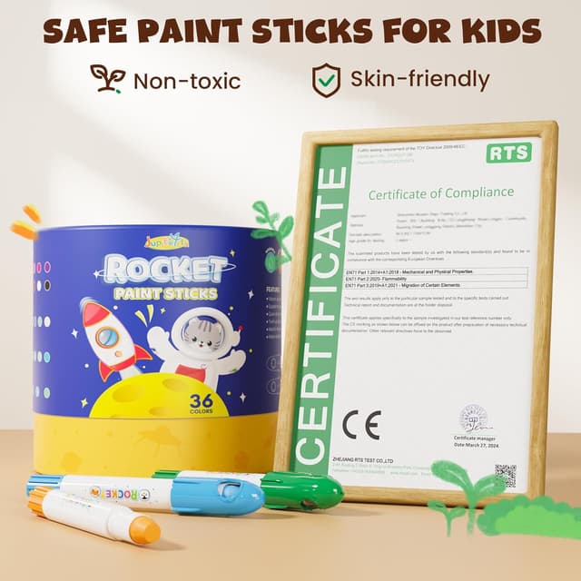 Detalle de JUPITEARTH 36 Farben Wachsmalstifte für Kinder – Raketen-Malstifte mit 120 PDF-Malvorlagen