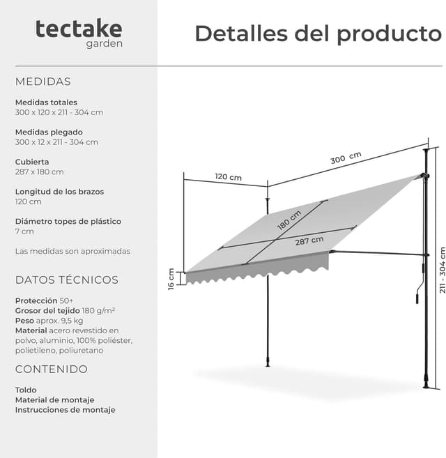 Thumbnail 5 de tectake® Toldo Terraza Manual 300cm, Resistente a UV y Agua ☀