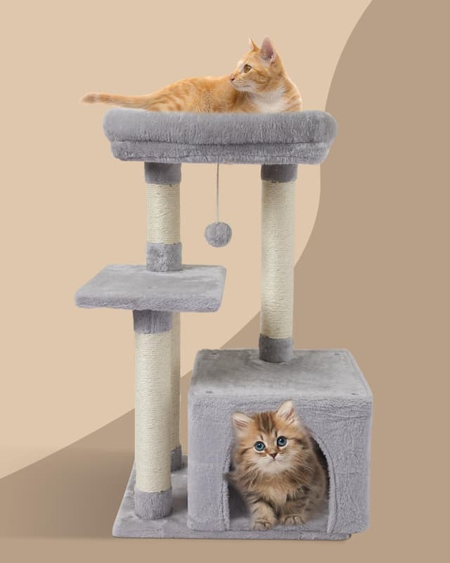 Detalle de FISH&NAP Cute Cat Tree Kitten Tower with Sisal Scratching Posts and Jump Platform (Indoor Cat Condo, Grey)