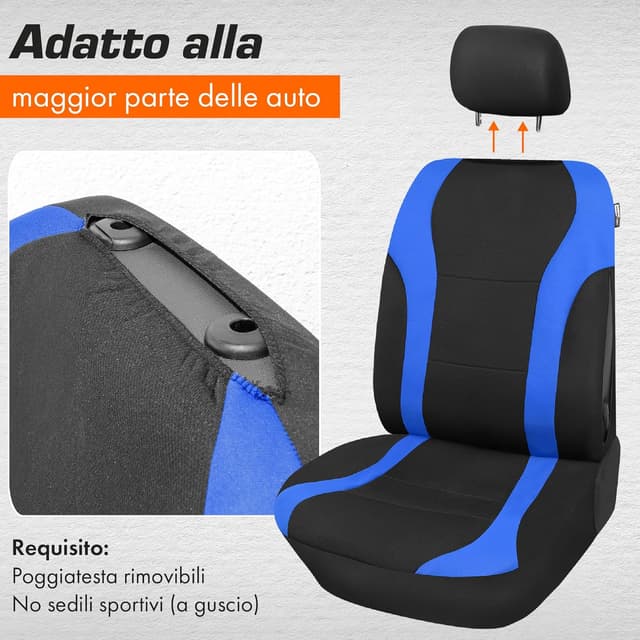 Detalle de Upgrade4cars Coprisedili auto anteriori universali nero/blu (set da 4 pezzi con copri-poggiatesta)