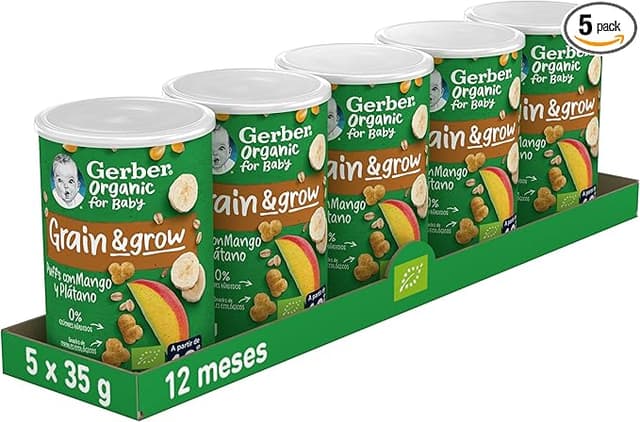 Detalle de Gerber Organic Snack Mango, Maíz y Avena, 5 latas de 35 g 🌱