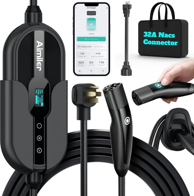 Detalle de AIMILER Level 2 Tesla Charger (WiFi App, 32A) with NACS Connector + 25ft ETL-Certified Cable, NEMA 14-50P