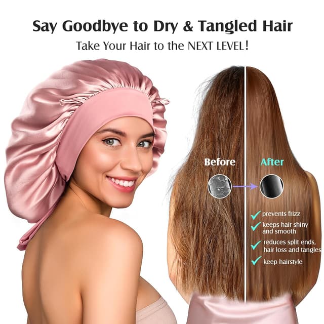 Detalle de YFONG 100% 22 Momme Mulberry Silk Bonnet (Double Layer) — Non-Slip Sleep Cap Turban with Elastic Tie, Pink