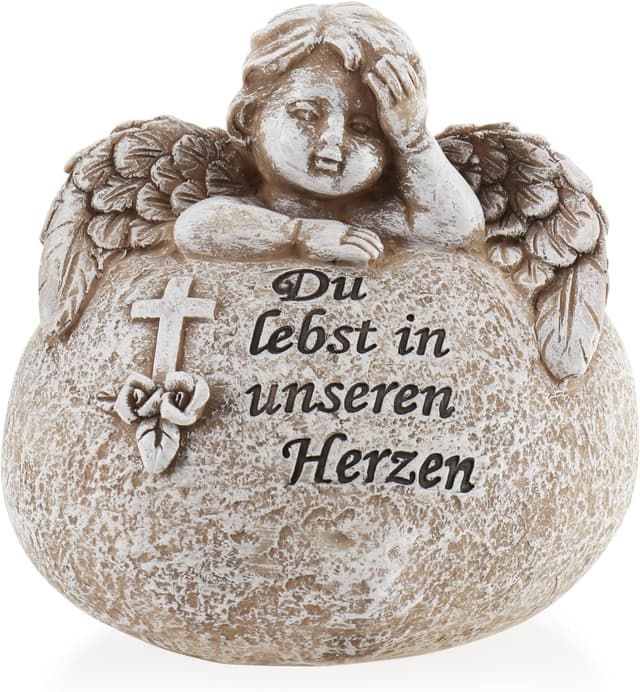 Detalle de com-four® decorazione tombale a cuore con angelo e iscrizione commemorativa “Angelo Tu vivi nei nostri cuori” (1 pezzo)