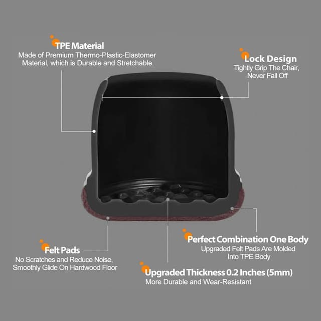 Detalle 2 de 32 PCS Small Black Silicone Chair Leg Floor Protectors with Wrapped Felt (Round, Fit 0.75–1")