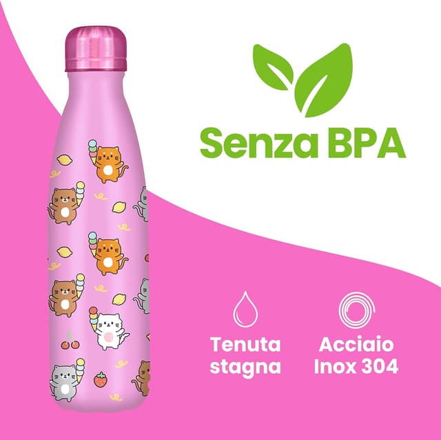 Detalle de Cartomania Borraccia termica Chill & Refills 500 ml gattino rosa, acciaio BPA free