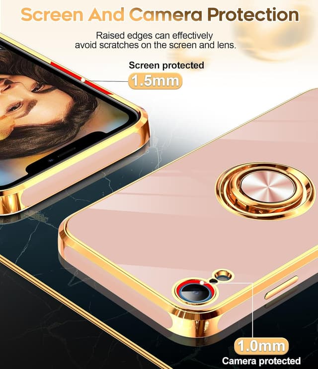 Detalle de LeYi iPhone XR Case with Tempered Glass Screen Protector (2-Pack) 360° Magnetic Kickstand Ring Holder, Rose Gold Edge, Pink