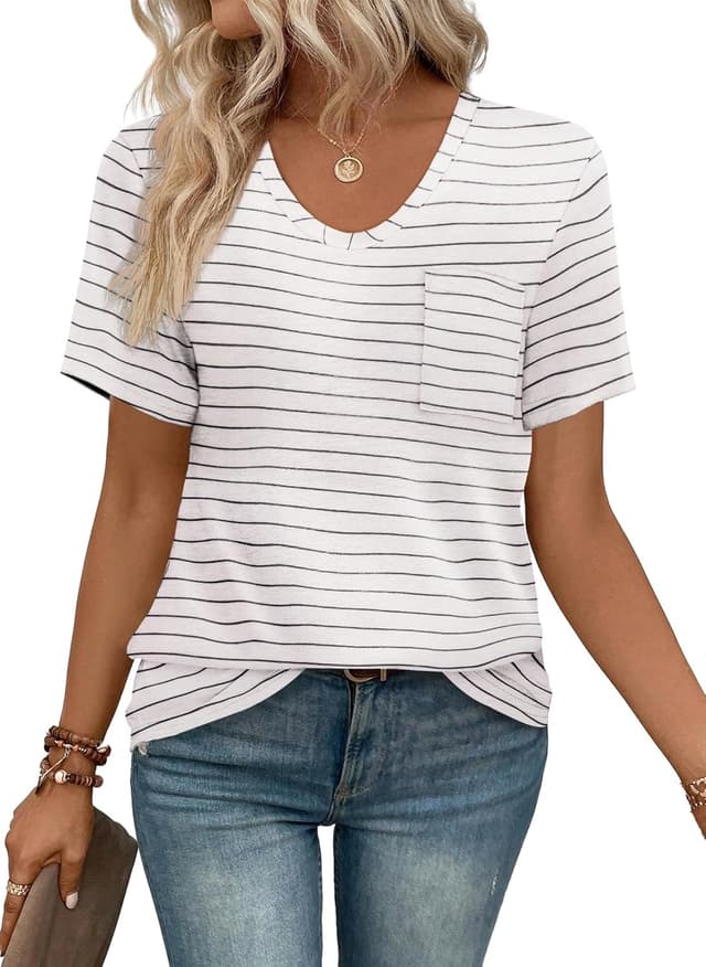 Detalle de WIHOLL Women’s Summer Scoop/V-Neck Pocket Tee Shirt (Short Sleeve, Loose Fit)