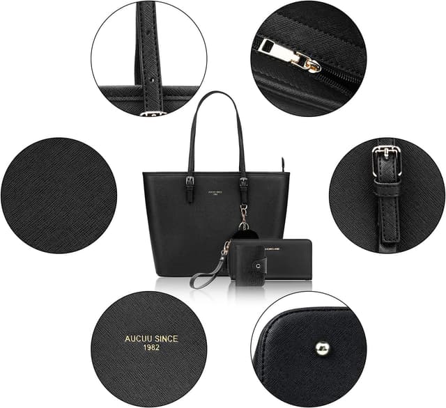 Detalle 2 de URAQT Women’s 15.6-inch Large PU Leather Top-Handle Tote Bag with Wallet & Card Holder (Black)