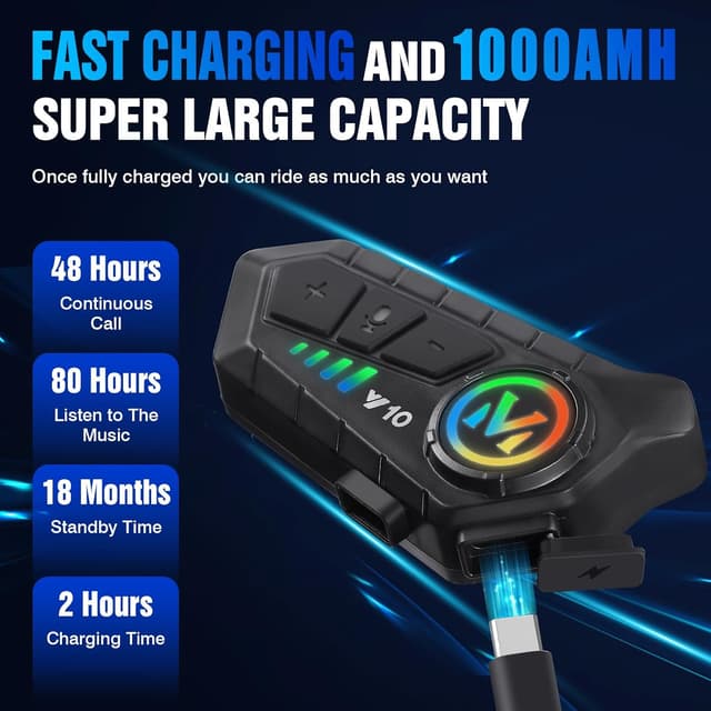 Detalle de FEYA Y10 Motorcycle Helmet Speakers for Calls & Music (IPX6, Bluetooth 5.3, 1000 mAh)