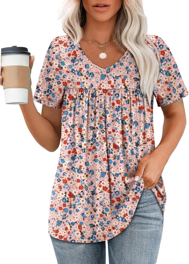 Detalle de WEESO Women’s Short Sleeve V-Neck Pleated T-Shirt Dressy Casual Top