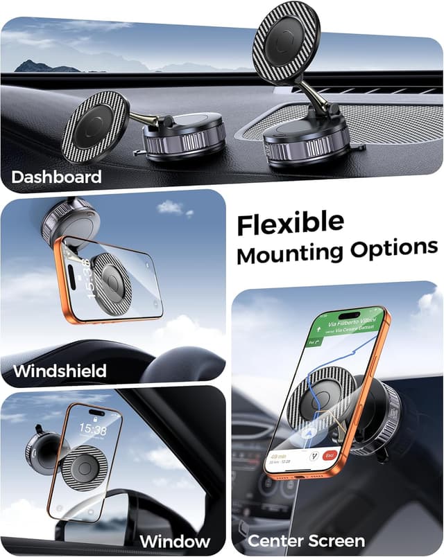 Detalle de Car Phone Holder for MagSafe with Carbon Fiber Look — 108LBS Vacuum Suction Mount, 360° Adjustable Magnetic Phone Mount