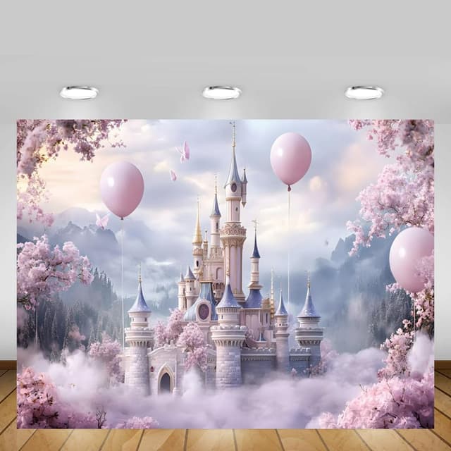 Detalle de MEHOFOND 7x5ft Girls Birthday Backdrop Pink Balloon Floral Castle Cloud Photography Background