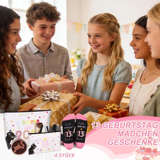 Detalle de TUZELIYA 2026 Originelle 13 Jahre Mädchen Geschenk-Set mit 2 Kosmetiktaschen, faltbarem Spiegel & Socken (4-teilig)