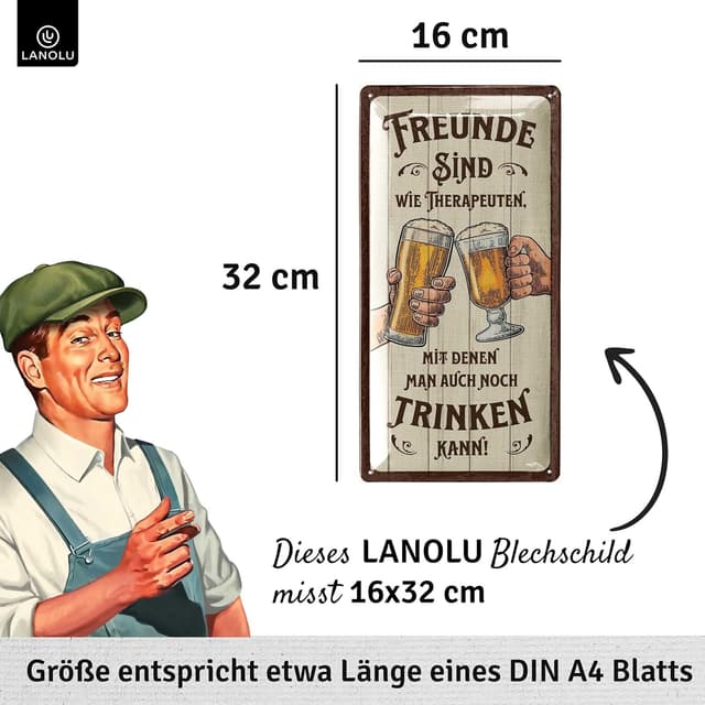 Detalle de LANOLU Retro Blechschilder Bier „Beste Freunde sind wie Therapeuten“ (16x32 cm) – Bar- und Partykeller-Deko