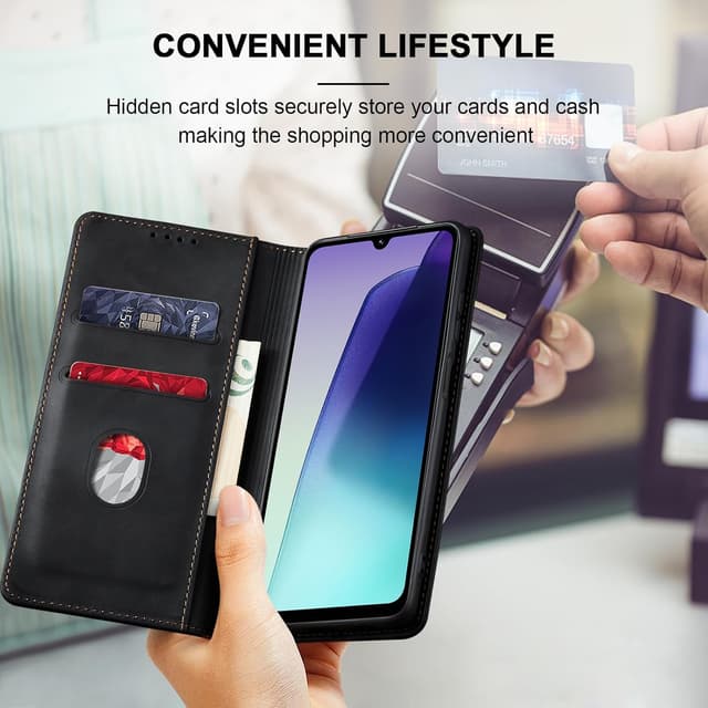 Detalle 2 de Jasonyu Handyhülle aus Leder-Optik für Xiaomi Poco C75 / Redmi 14C / Redmi A4 – Klapphülle mit Magnet, Kartenfächern und Standfunktion (Schwarz)