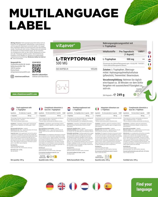 Thumbnail 5 de L-Tryptophan 500 mg 365 Kapseln